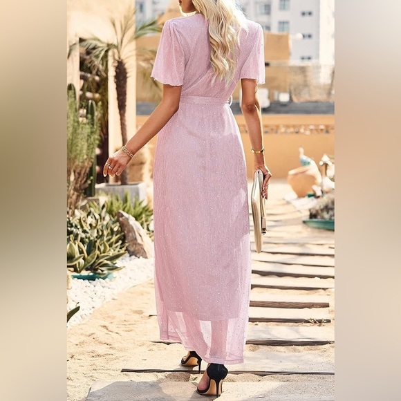 PRETTYGARDEN Pink Glitter Maxi Dress Wrap V-Neck Cocktail Party size XXL - Picture 2 of 11